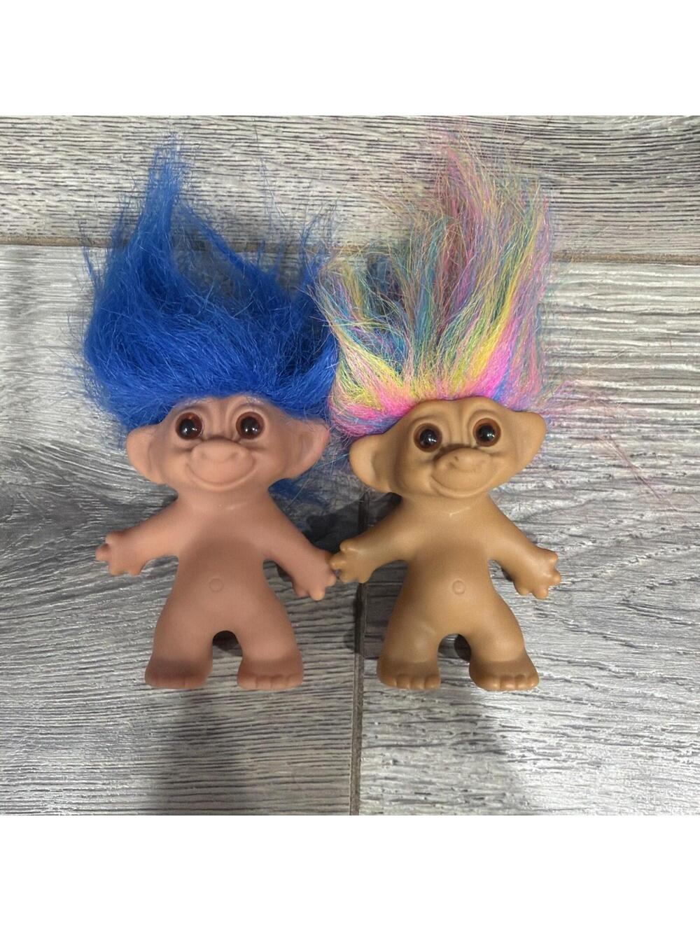 2 Vintage Troll Doll 3" Uneeda Doll Co Blue & Rainbow Hair